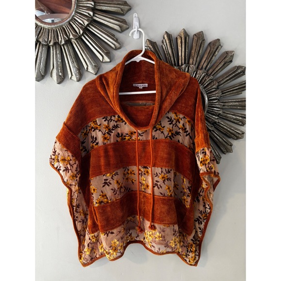Adore Sweaters - Adore Women Burnt Orange Corduroy Floral Mesh Cowl Neck Poncho Top Small Boho
